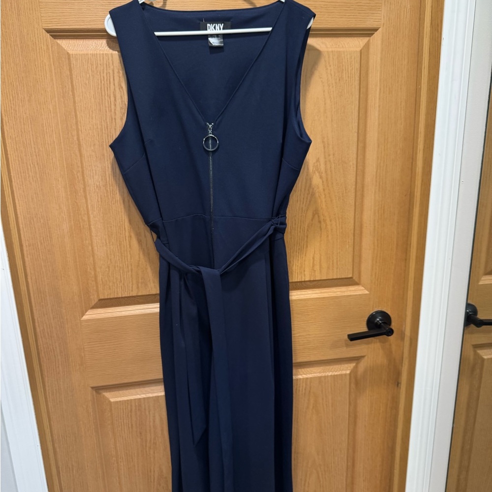 DKNY Navy Sleeveless V-Neck Jumpsuit with Ring Zip and Self-Tie Waist